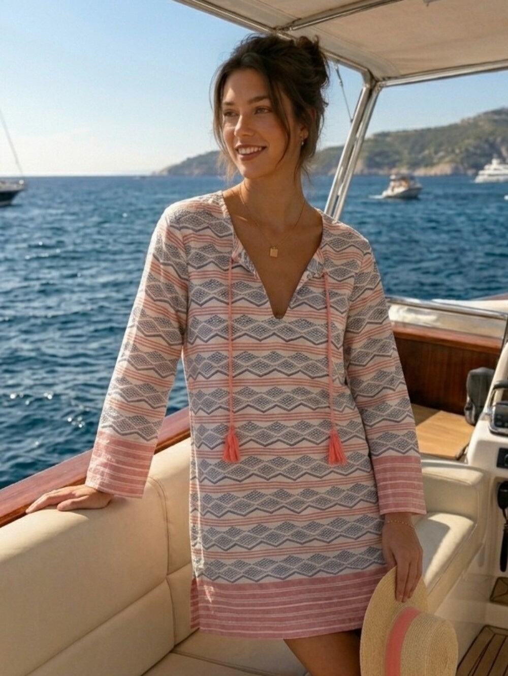 Airy Orvis Cotton Coastal Print Lightweight Tunic Dress Beach Coverup Size L